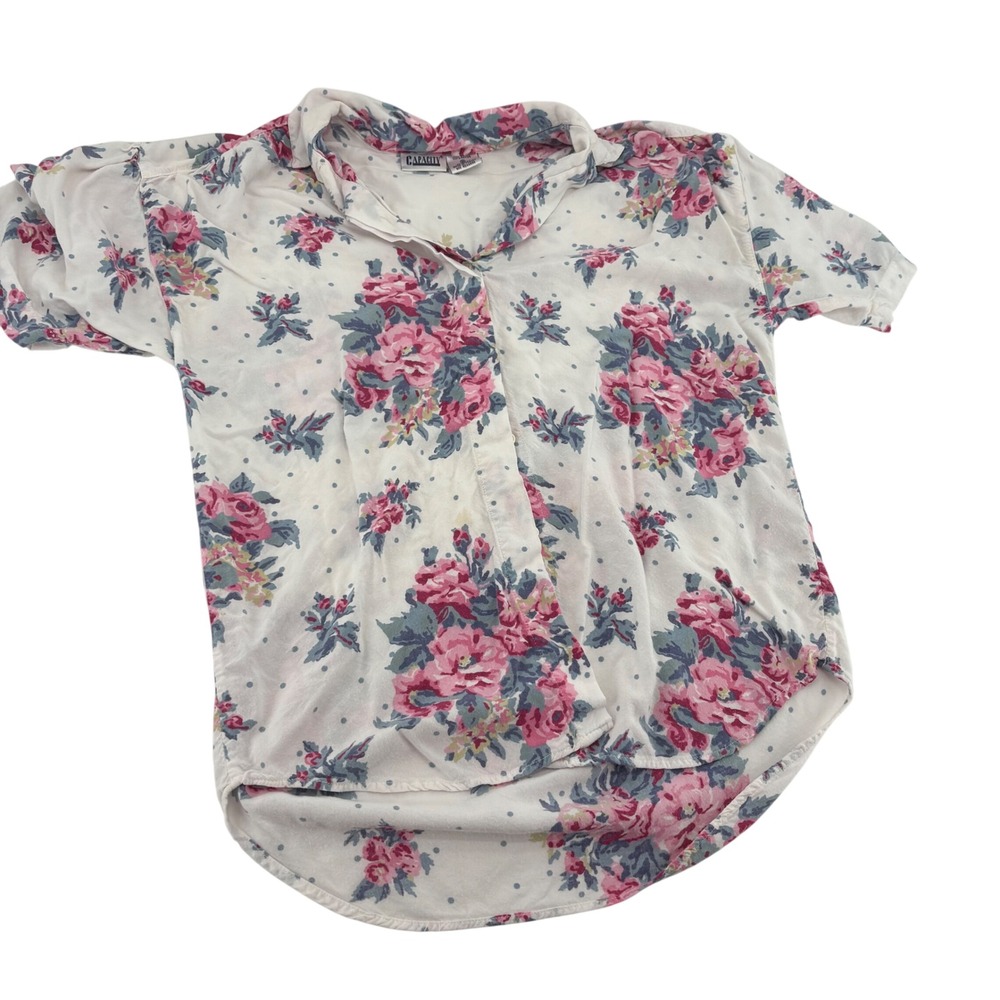 Vintage Capacity Womens Pink Rose Floral Polka Dot Rayon Button Up Shirt Medium